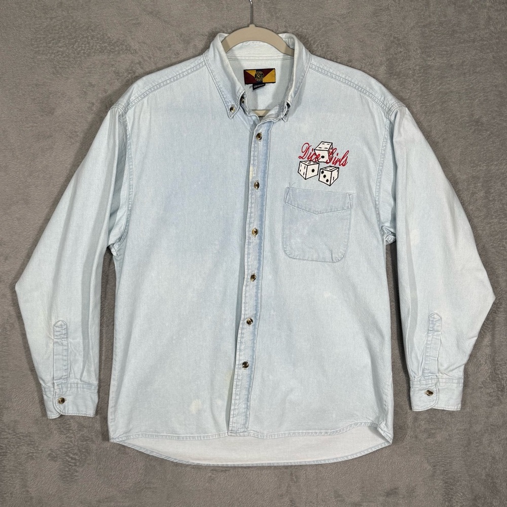 VTG Y2K Camp Creek Mens M Denim Shirt Light Wash Dice Girls Embroidered Grunge